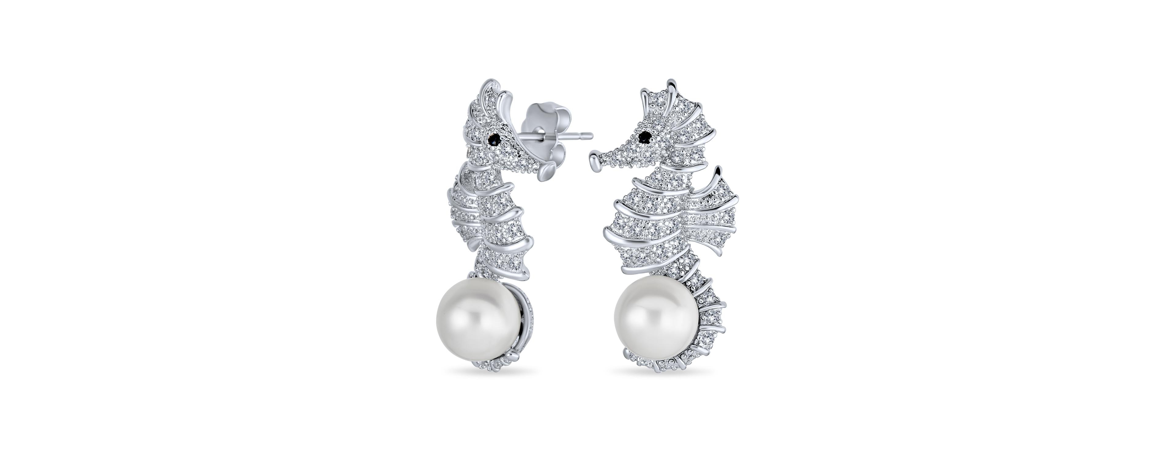Bling Jewelry Nautical Cubic Zirconia Cz White Simulated Pearl Seahorse Earrings Brass