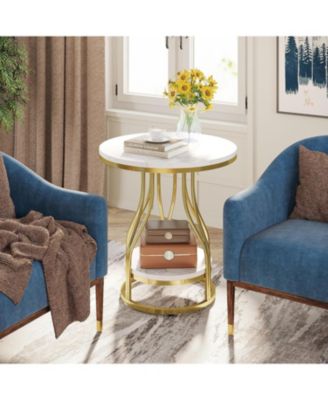 Round Side Table White Gold End Table 2-Tier End Table Modern Bedside Table Small Side Table with Storage for Couch Side, Sofa Side Table with Metal Frame for Living Room