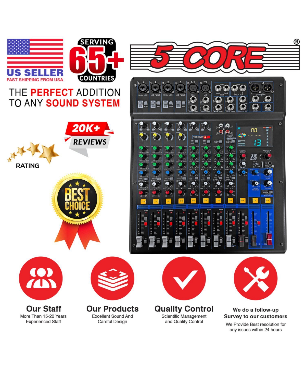 5 Core Audio Dj Mixer 12 Channel Sound Board Console w 99 Dsp Effect 48V Phantom Power