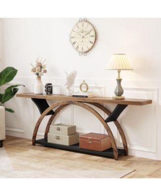 70.87" Console Tables for Entryway, Narrow Long Entryway Table with Storage Shelf, 2-Tier Rustic Sofa Table with Half Moon Frame for Hallway Living Room (Gray & Black