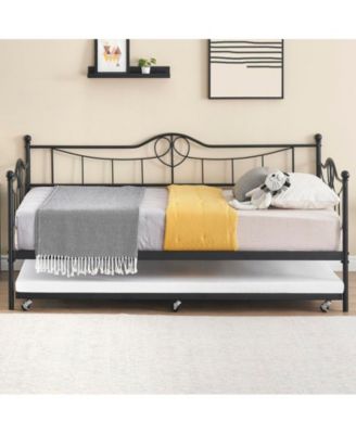 Twin Daybed with Trundle, Modern Pull Out Day Bed Frame with Vintage Headboard, Metal Daybed with Sturdy Slat Support,for Small Spaces, Kids Room, Living Room, Guest Room