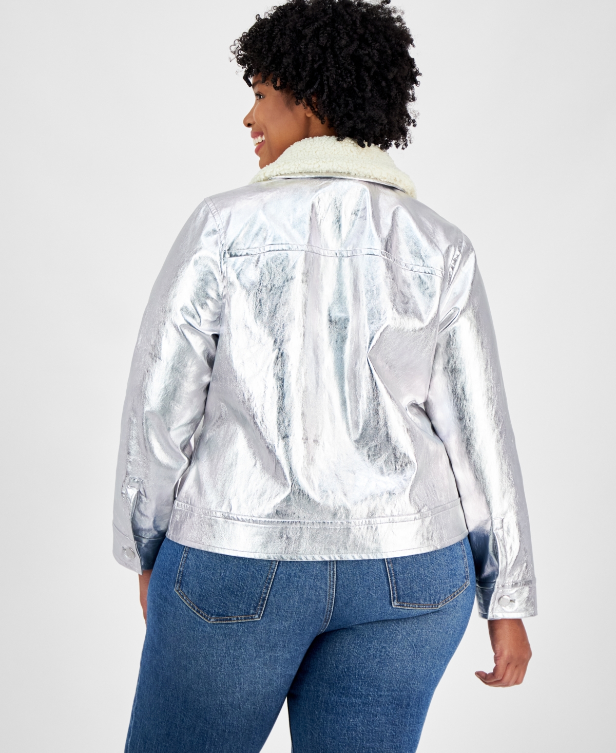 On 34th Plus Size Metallic Faux-Leather Sherpa-Trim Jacket, Exclusively at Macy's