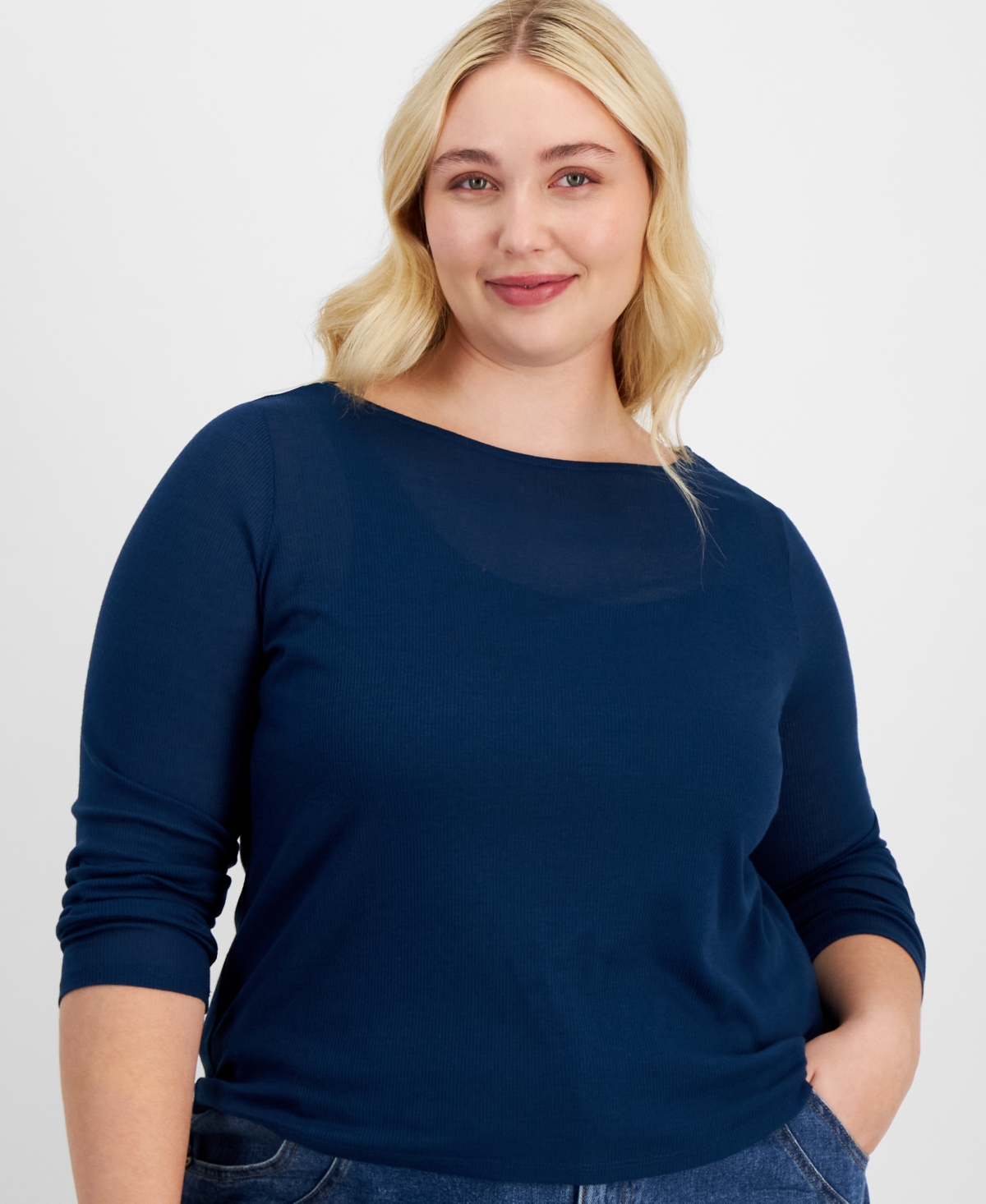 And Now This Trendy Plus Size Solid Boat-neck Long-sleeve Layered Top, Exclusively At Macy's In Titan