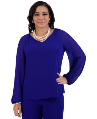 Kasper - Women's V-Neck Raglan-Long-Sleeve Blouse