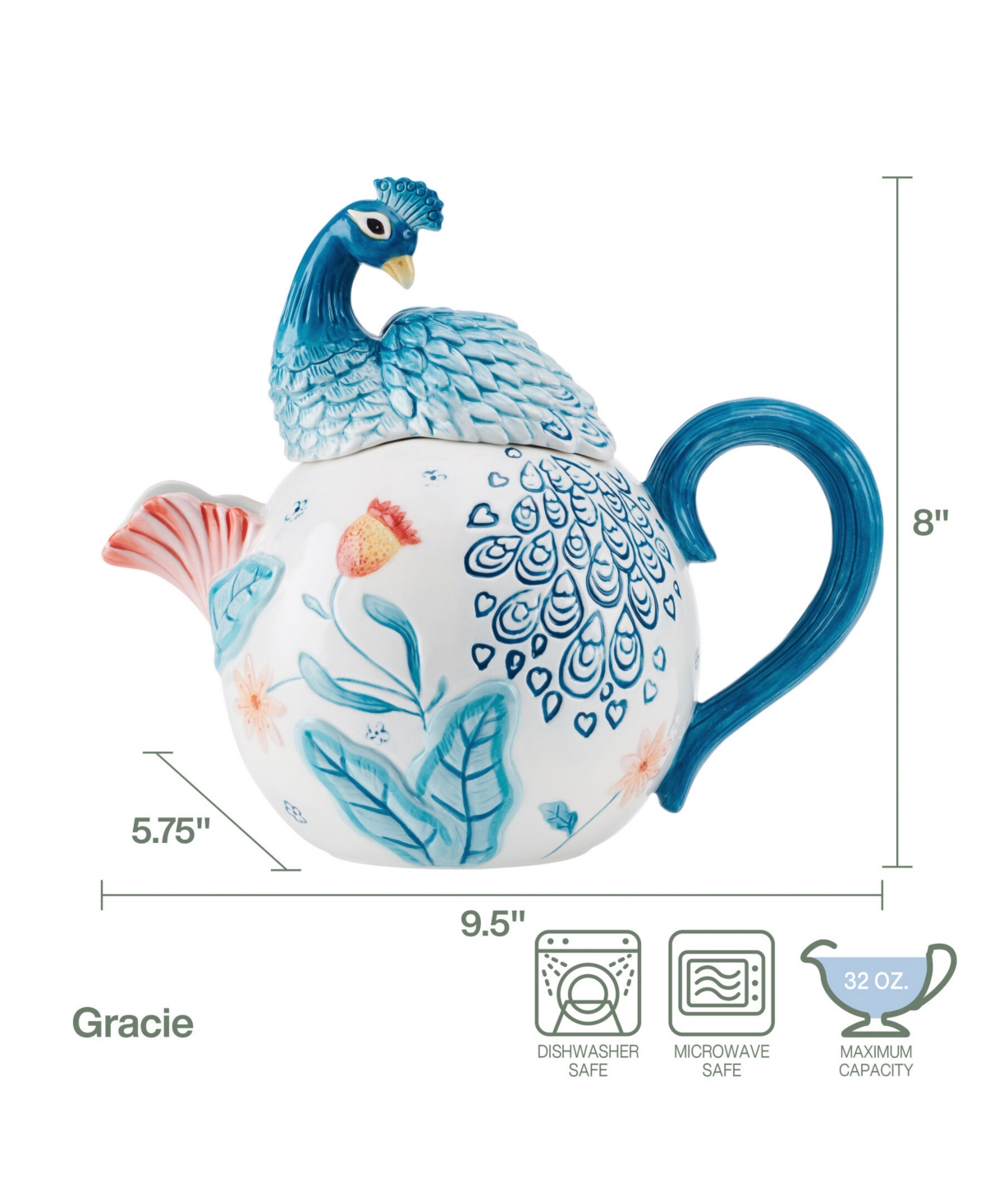 Fitz And Floyd Gracie Teapot With Peacock Lid In Assorted