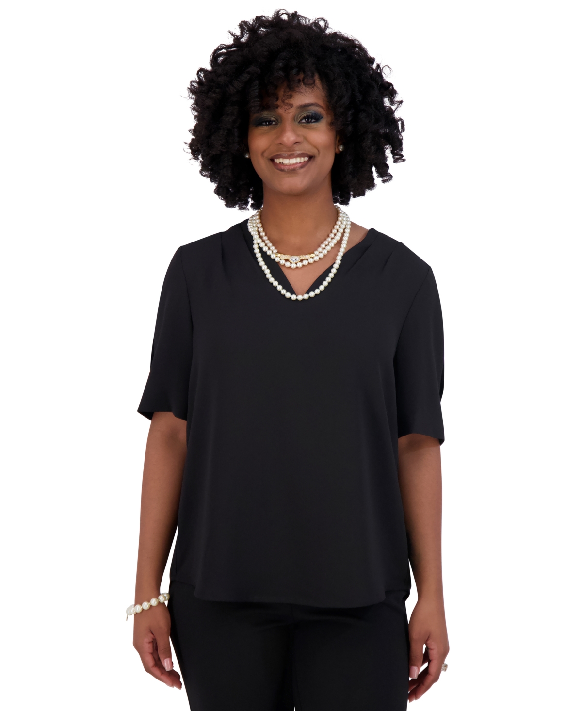 Women's V-Neck Pleated-Shoulder Elbow-Sleeve Top - Blk