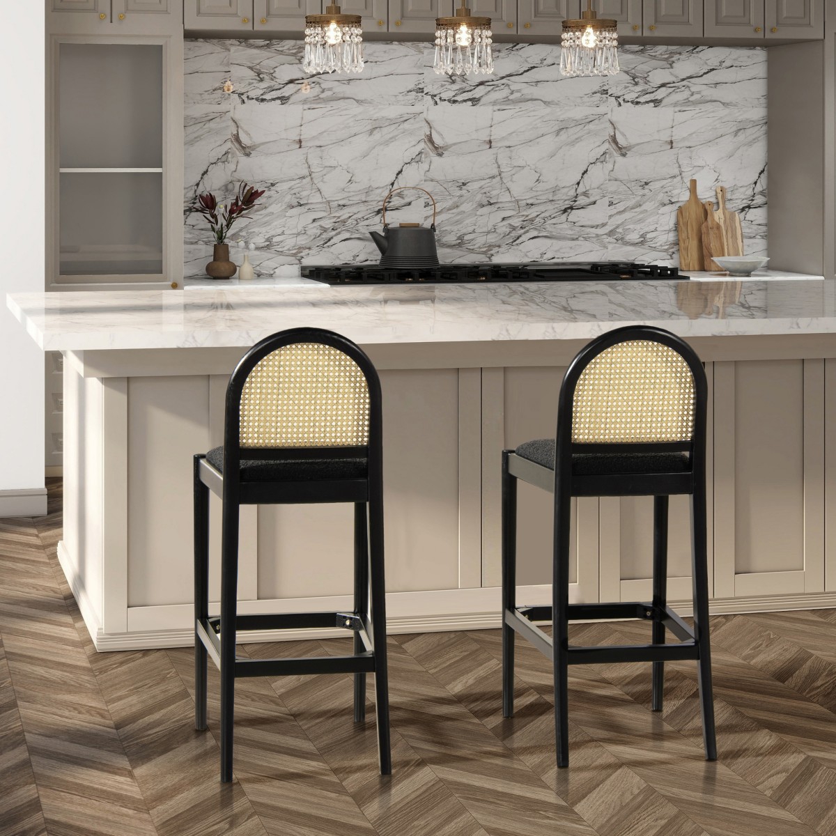 The Pop Home Curved Back Rattan Bar Stool, Set of 2,Upholstered Bar Chairs in Ivory White Fabric-The Pop Home
