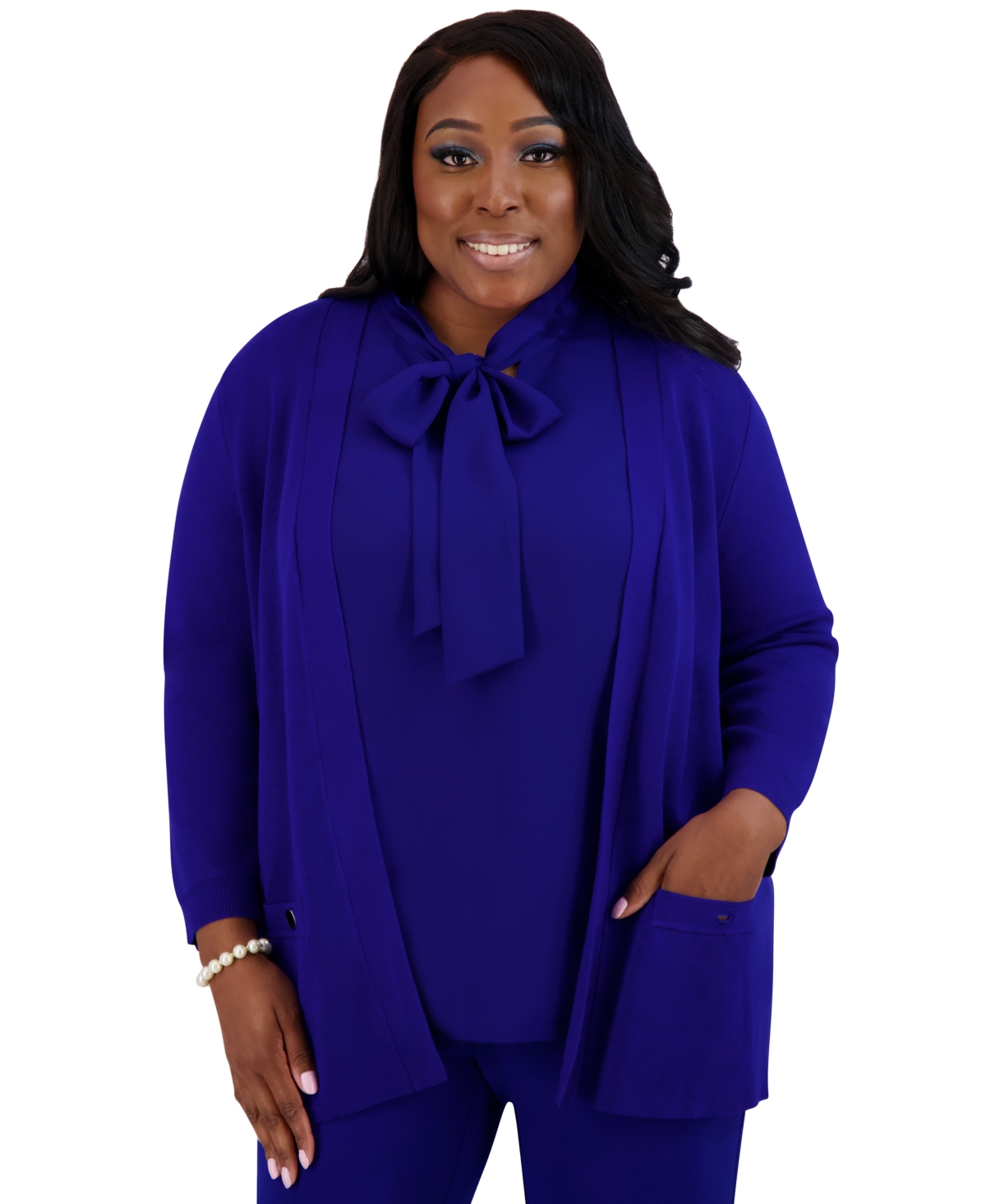 Kasper Plus Size Collarless Open-front Cardigan Jacket In Royal