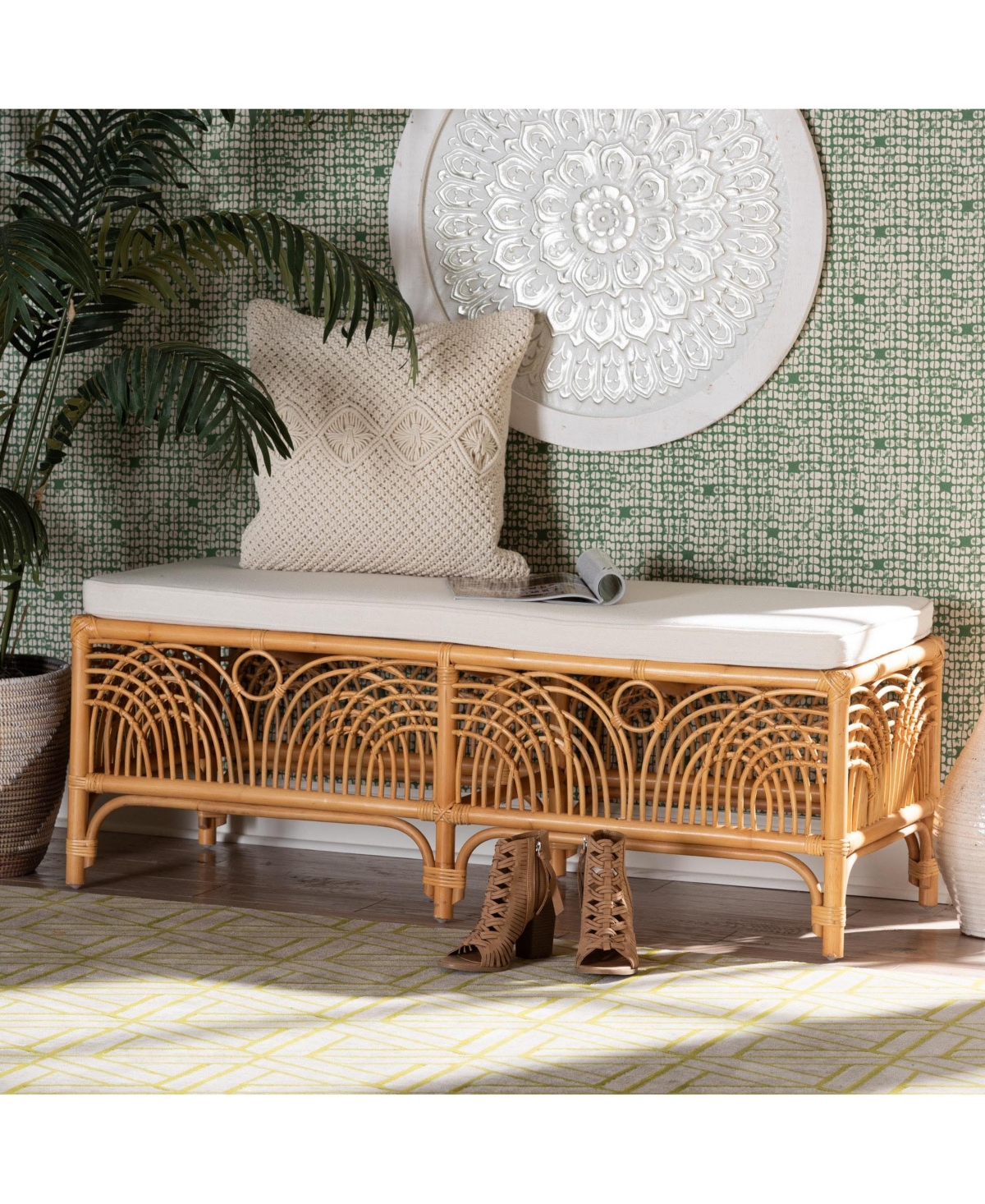 bali & pari Materra Modern bohemian Natural Brown Rattan Bench -light honey