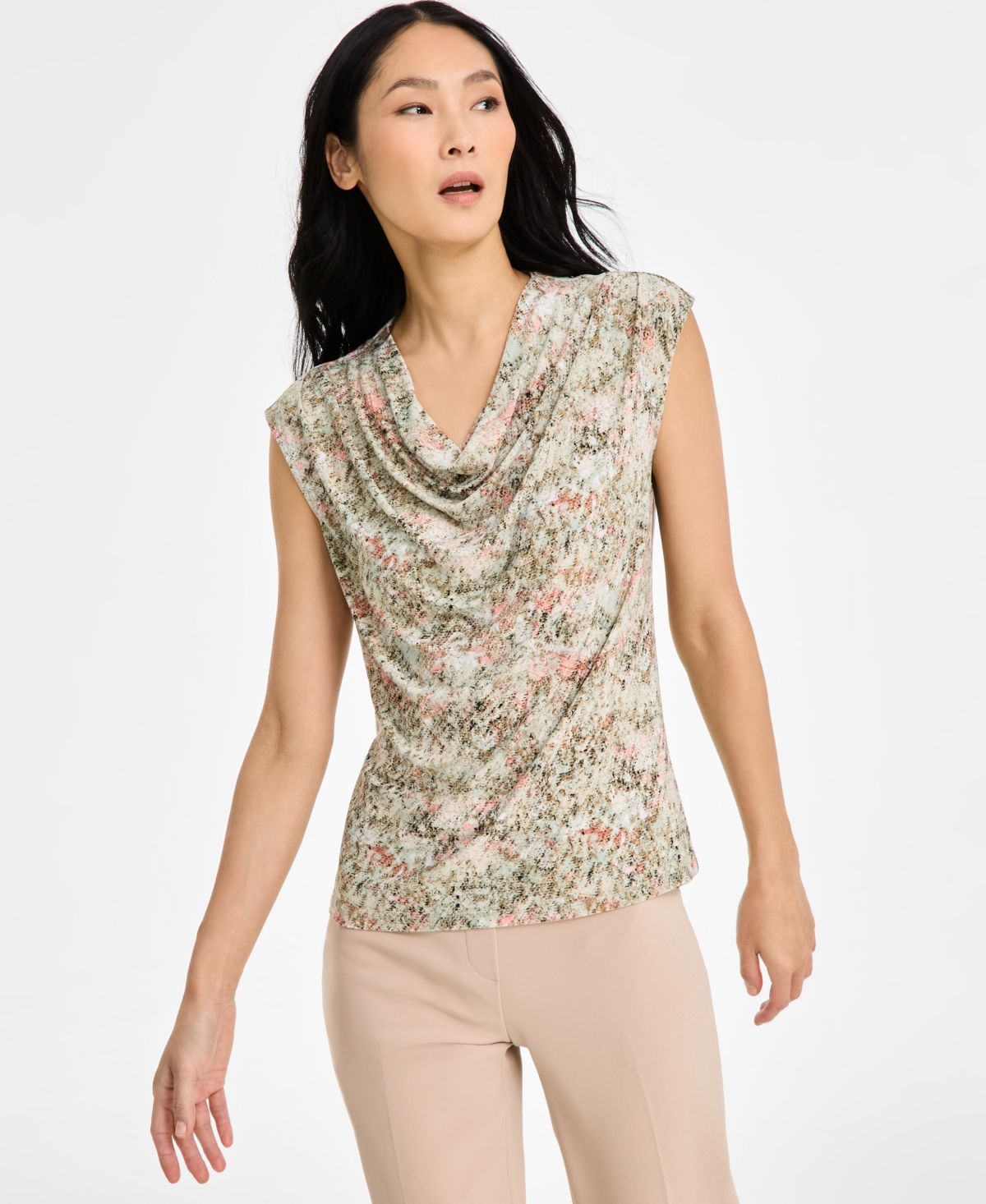 Anne Klein Cowl Neck Cap Sleeve Top In Soft Aloe Multi