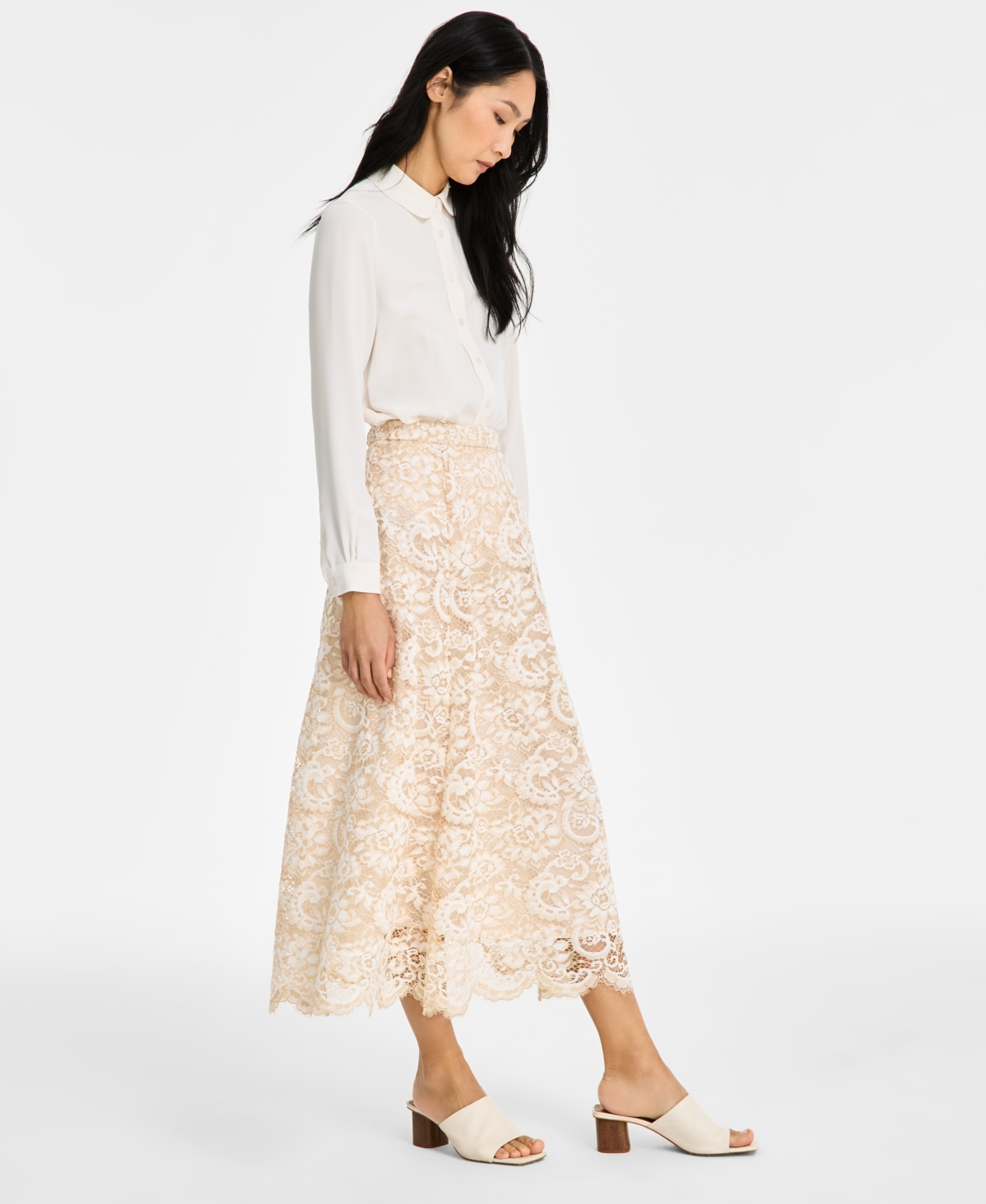 ANNE KLEIN WOMEN'S PULL-ON LACE MIDI SKIRT 