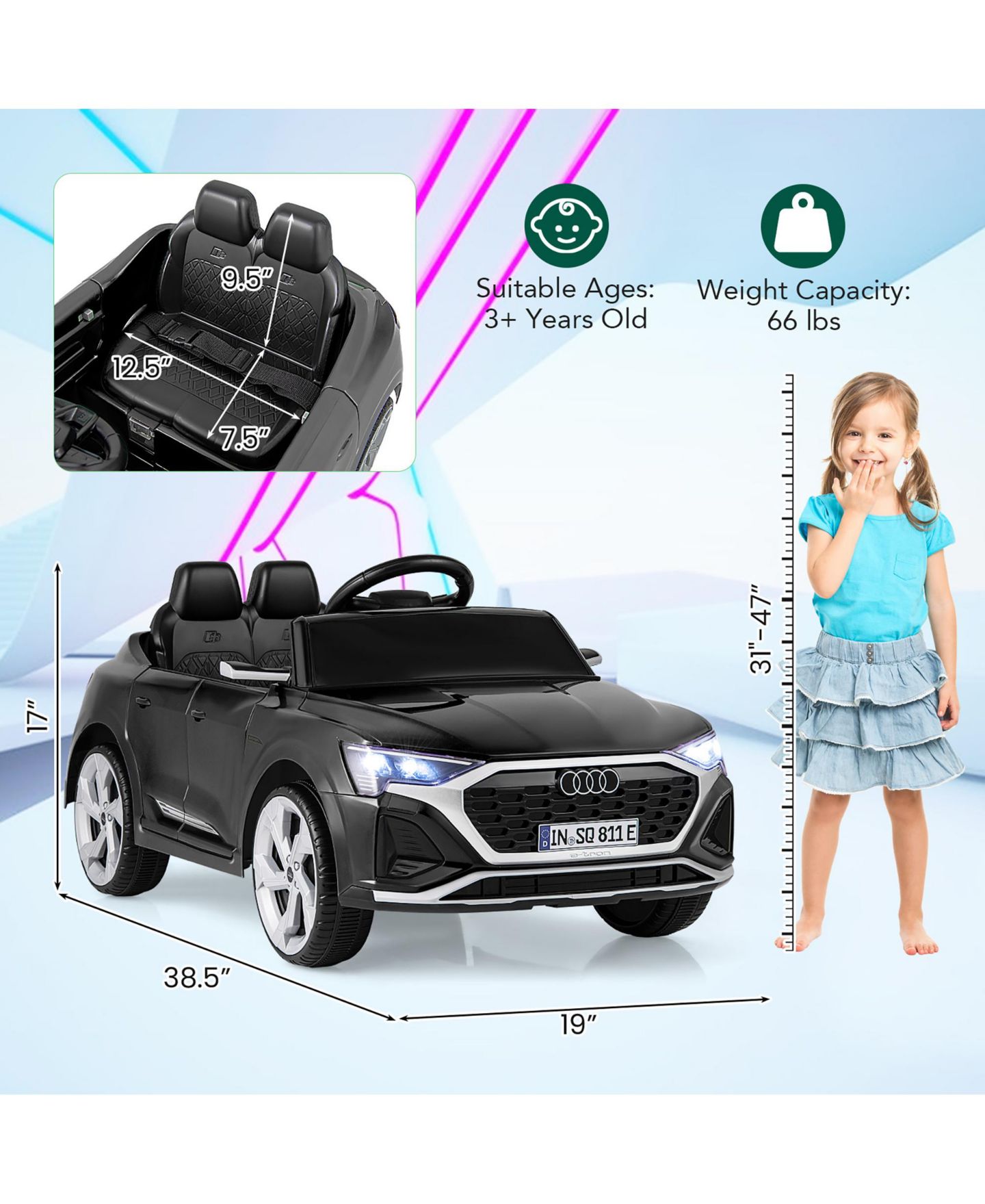 Детская игрушка Gymax Audi SQ8 12V Remote Control 3-Speed Ride-On Car, 66 lb. Capacity, Ages 3+, цвет: Чёрный, вариант 1 — фото 3
