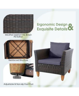 3 Pieces Outdoor Patio Wicker Furniture Set with Cushions and Acacia Wood Table