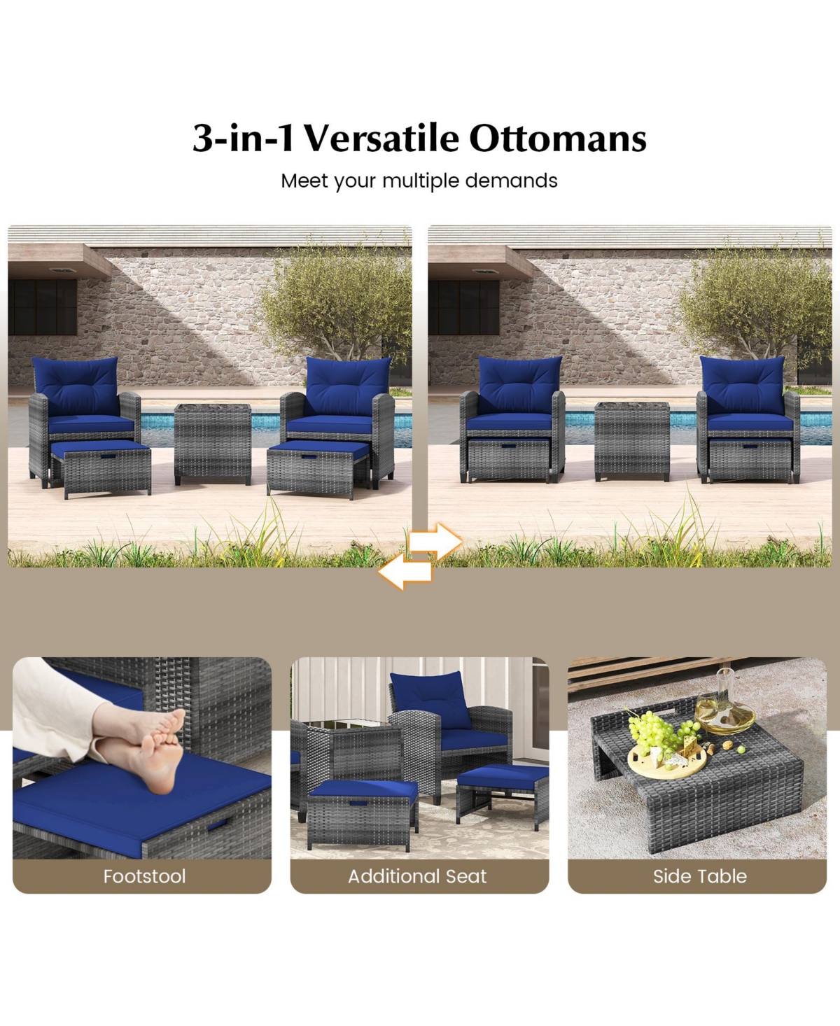 Gouun 5 Piece Patio Rattan Furniture with 2 Ottomans and Tempered Glass Table