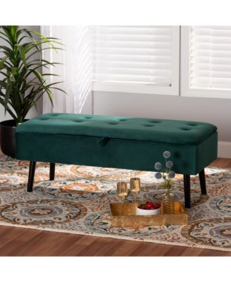 Caine Modern and Contemporary Green Velvet Fabric Upholstered and Dark Brown Finished Wood Storage Bench