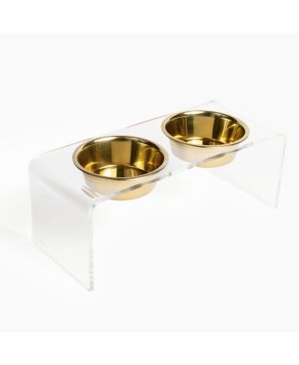 Medium Clear Double Bowl Pet Feeder, 1 Quart Gold Bowls