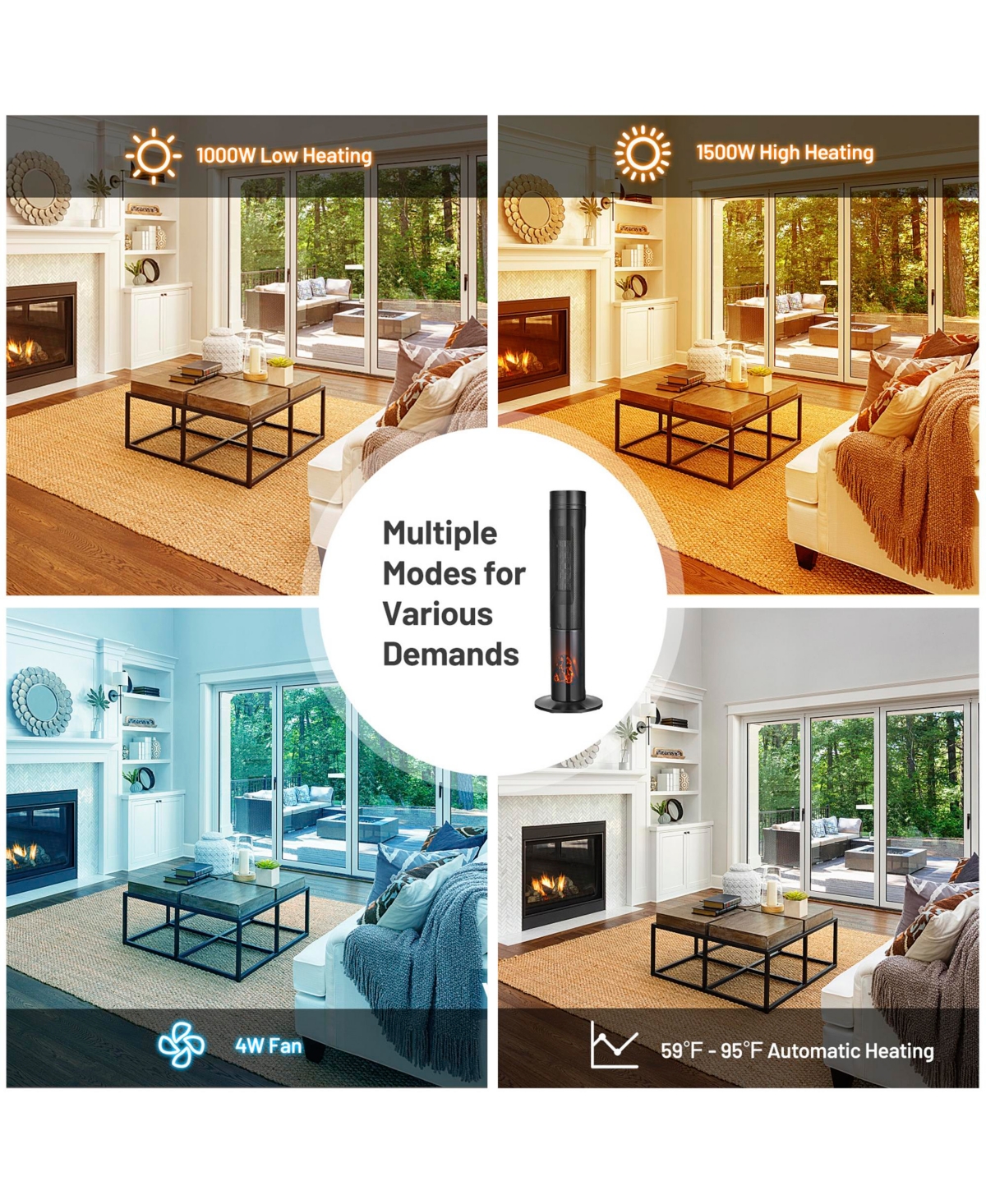 Gouun 1500W Ceramic Tower Space Heater with Remote Control and Realistic 3D Flame