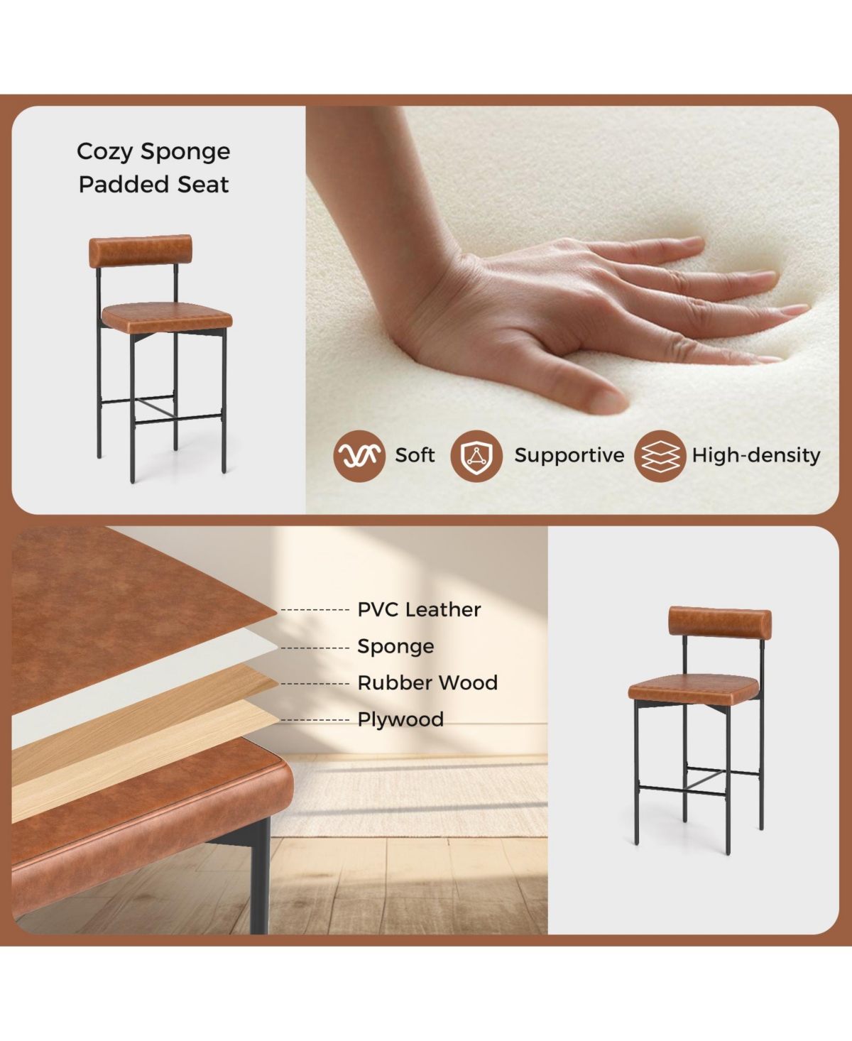 Gouun Upholstered Bar Stools Set of 2 Counter Height Bar Chairs with Backrest