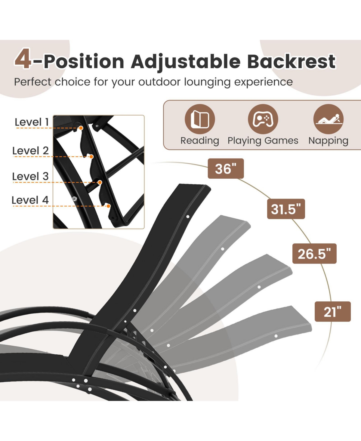 Gouun 2-in-1 Outdoor Rocking Chair with 4-Position Adjustable Backrest for Patio Porch Poolside