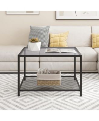 Modern 2-Tier Square Glass Table with Mesh Shelf