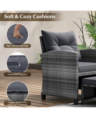 5 Piece Patio Rattan Furniture with 2 Ottomans and Tempered Glass Table