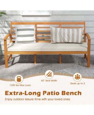 Patio 64 Inch Wood Bench with Seat Cushion and Slatted Seat for Backyard-Off