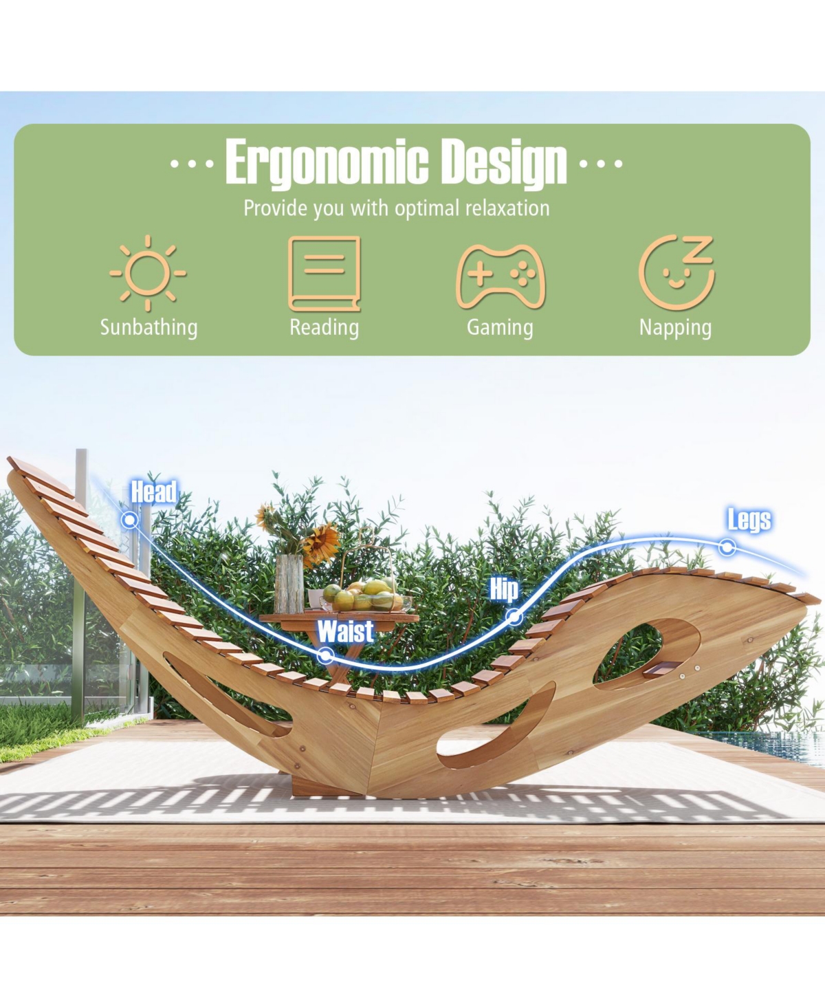 Gouun Acacia Wood Patio Rocking Sun Lounger Chaise Lounge with Ergonomic Curved Seat