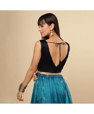 Women's Amiya Black Satin Comfort Stretch V Neck Sleeveless Blouse