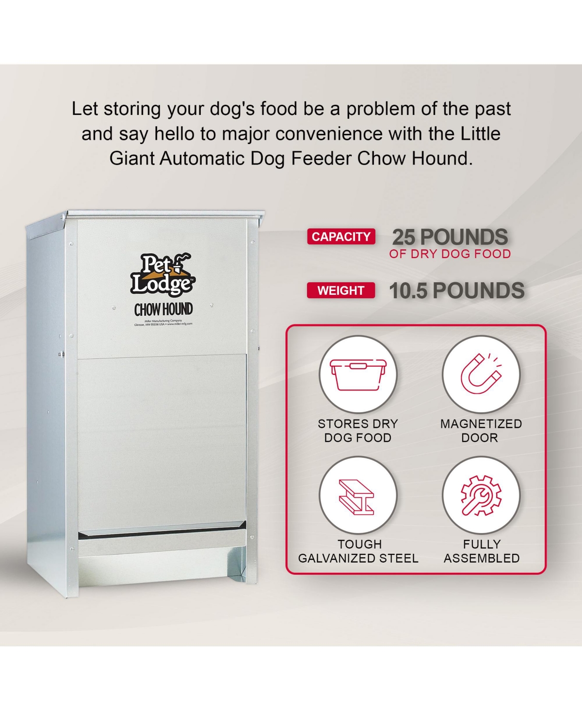 Pet Lodge Dry Food Automatic Steel Dog Feeder Chow Hound 25 Pound Capacity