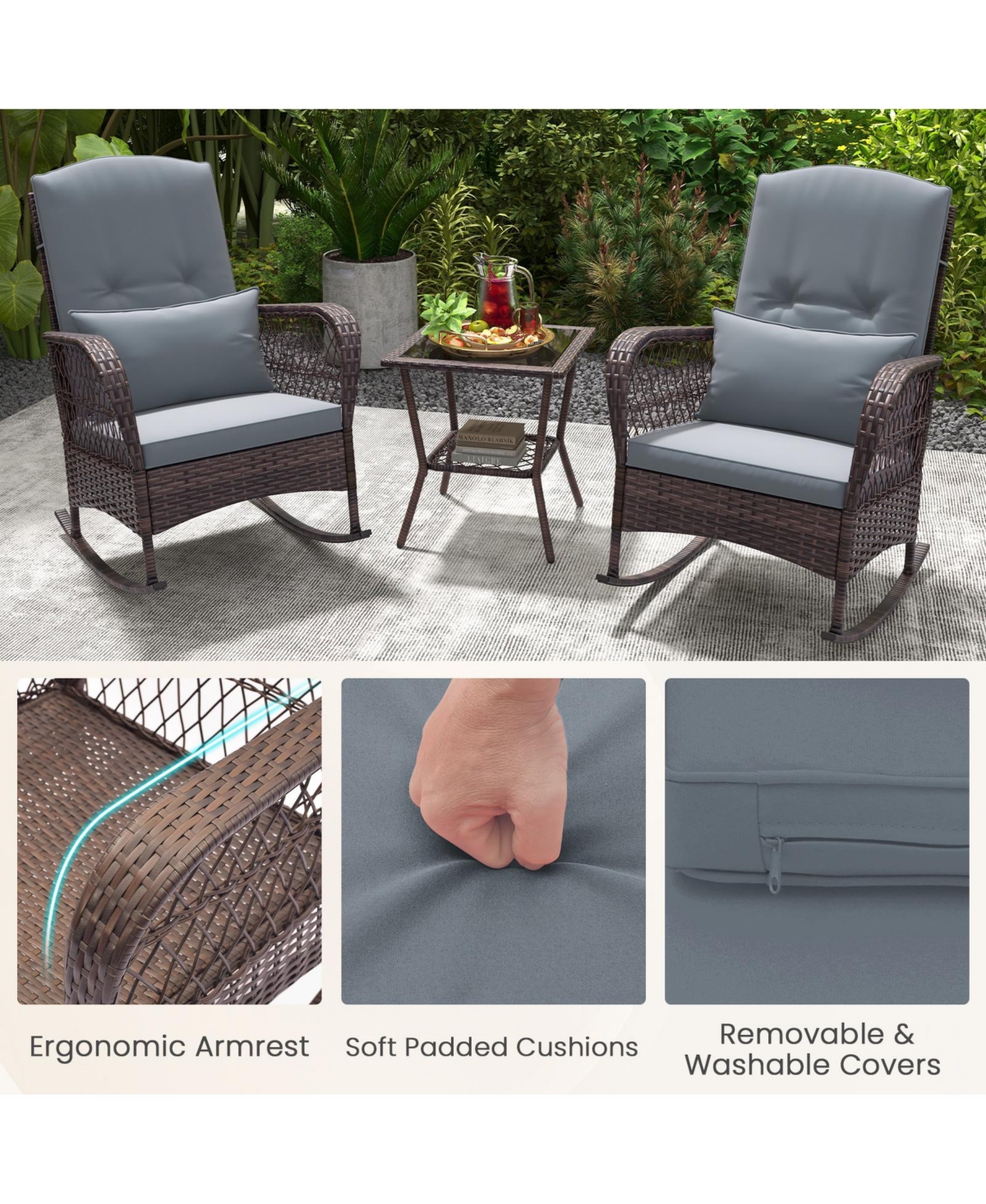 Gouun 3 Pieces Rocking Bistro Set with 2-Tier Table