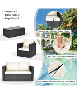 4 Pieces Patio Rattan Conversation Set with Padded Cushion and Tempered Glass Table