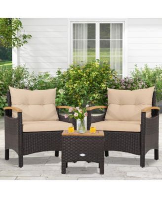 Patio Wicker Loveseat Sofa with Multipurpose Ottoman and Retractable Side Tray
