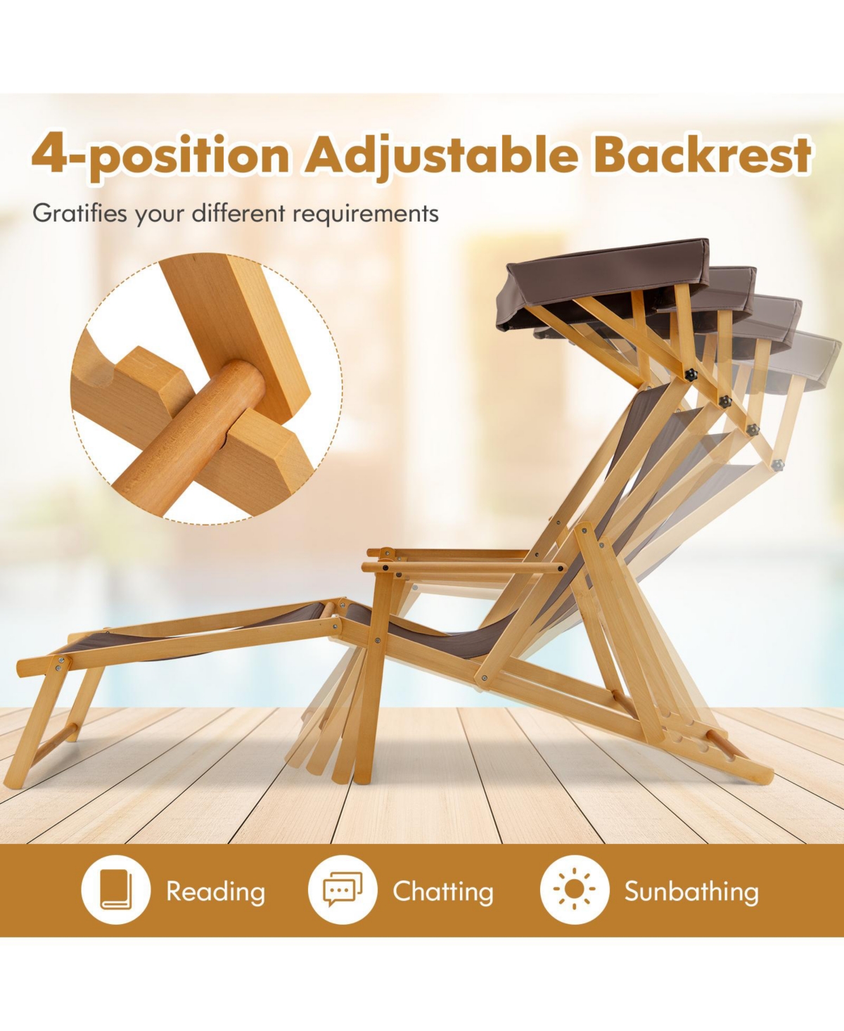 Gouun Birch Wood Chaise Lounge Chair Foldable Beach Chair with Adjustable Canopy