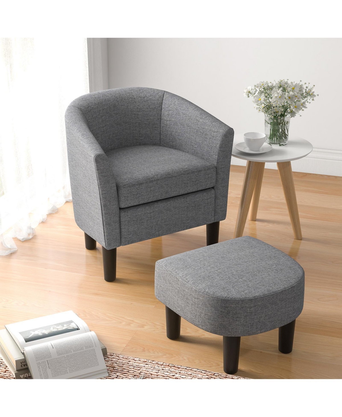Gouun Barrel Club Chair with Ottoman Set Linen Fabric Accent Chair with Footrest