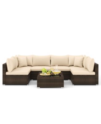 7 Pieces Patio Rattan Furniture Set with Sectional Sofa Cushions