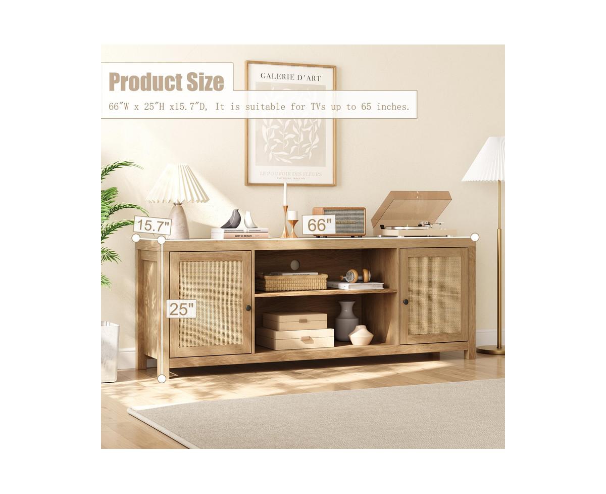 gaomon Boho Tv Stand for 75 Inch, Rattan Entertainment Center with 2-Tier Storage, Wooden Tv & Media Console Cabinet for Living Room Bedroom -k
