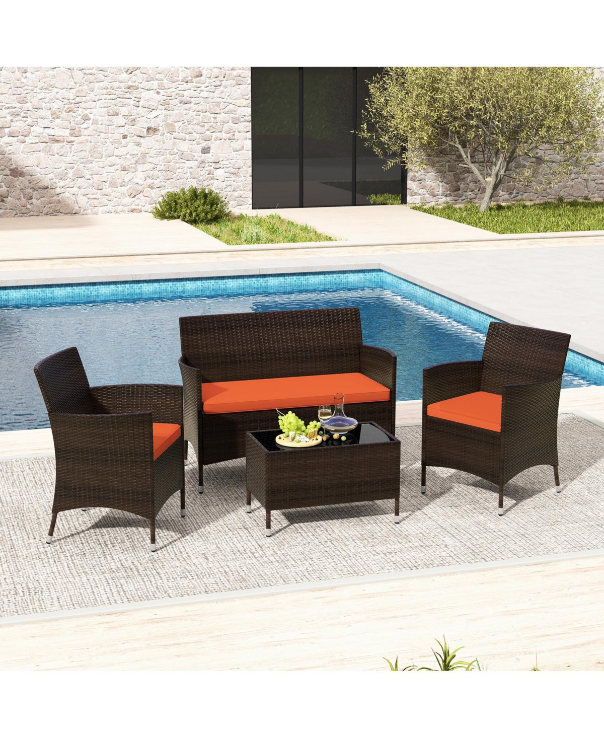 Gouun 4 Pieces Comfortable Outdoor Rattan Sofa Set with Glass Table