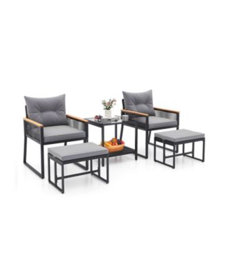 5-Piece Outdoor Rattan Conversation Set with Cushions, Ottomans, and 2-Tier Side Table