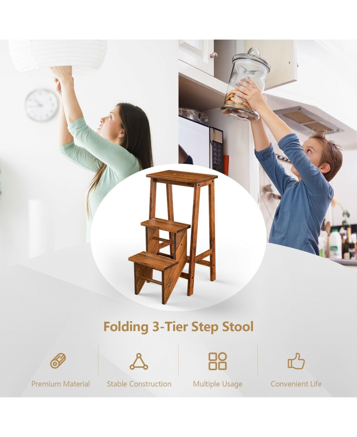Gouun Boys 3-in-1 Rubber Wood 3 Tier Folding Step Stool Ladder Storage Shelf