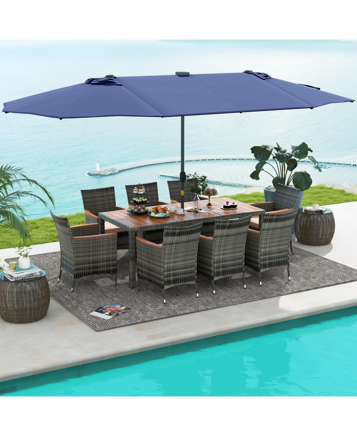 Gouun 11 Pieces Patio Dining Set with 15 Feet Double-Sided Patio Umbrella Base Included