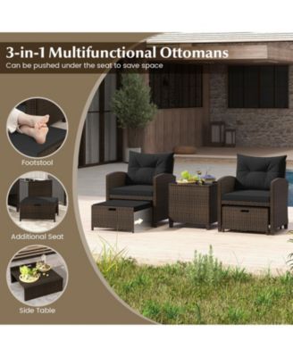 5 Pieces Patio Rattan Furniture with 2 Ottomans and Tempered Glass Table