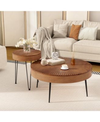 Set of 2 Boho Round Table with Solid Pine Wood Top and Metal Legs