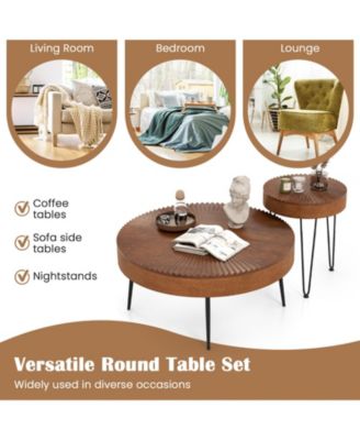 Set of 2 Boho Round Table with Solid Pine Wood Top and Metal Legs