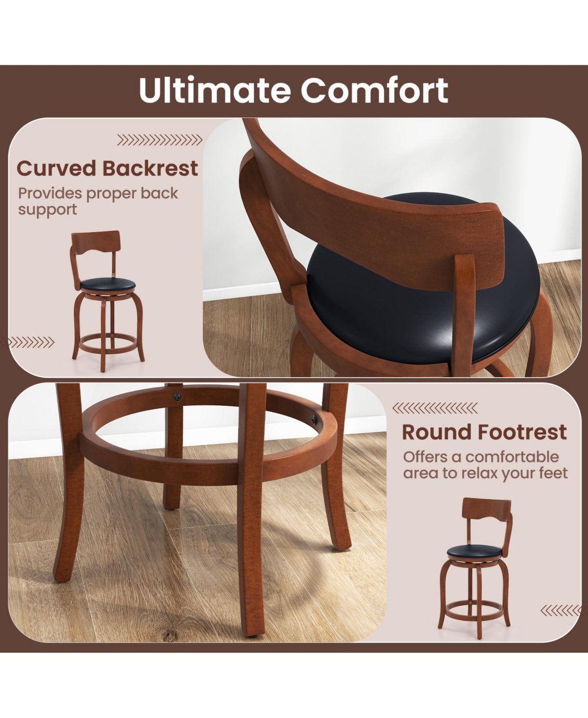 Gouun Swivel Bar Stools Set of 2 with Rubber Wood Frame and Upholstered Seat-24