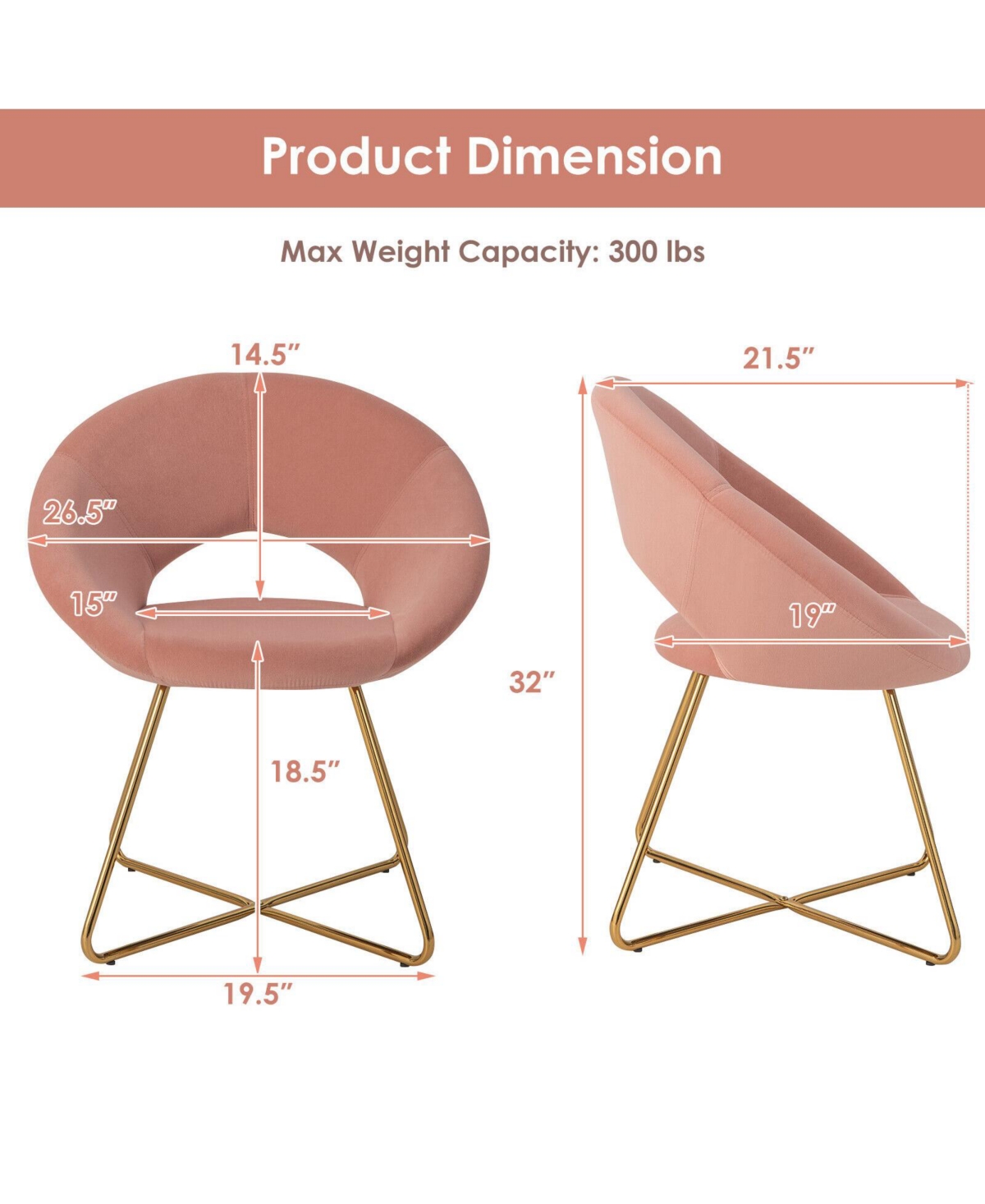 Gouun Modern Velvet Accent Chair Vanity Chair with Metal Legs-2 Pieces