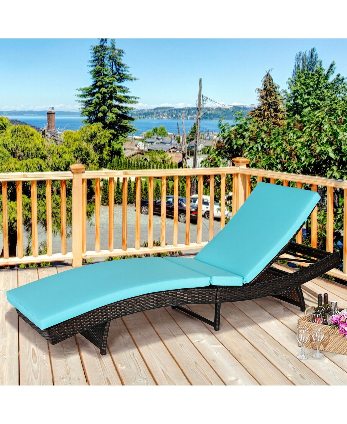 Gouun Patio Folding Adjustable Rattan Chaise Lounge Chair with Cushion -aqua