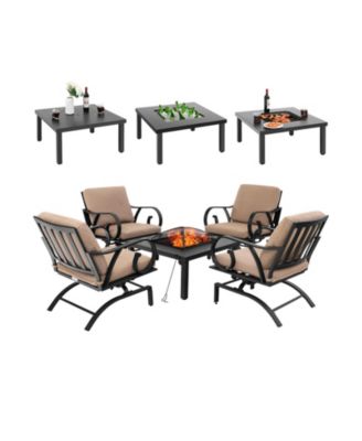 5 Pieces Patio Rocking Chairs and 4-in-1 Fire Pit Table with Fire Poker