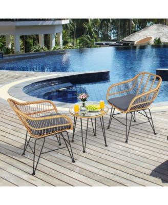 3 Pieces Rattan Furniture Set with Cushioned Chair Table