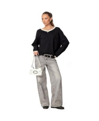 Women's Contrast V Neck Knit Sweater