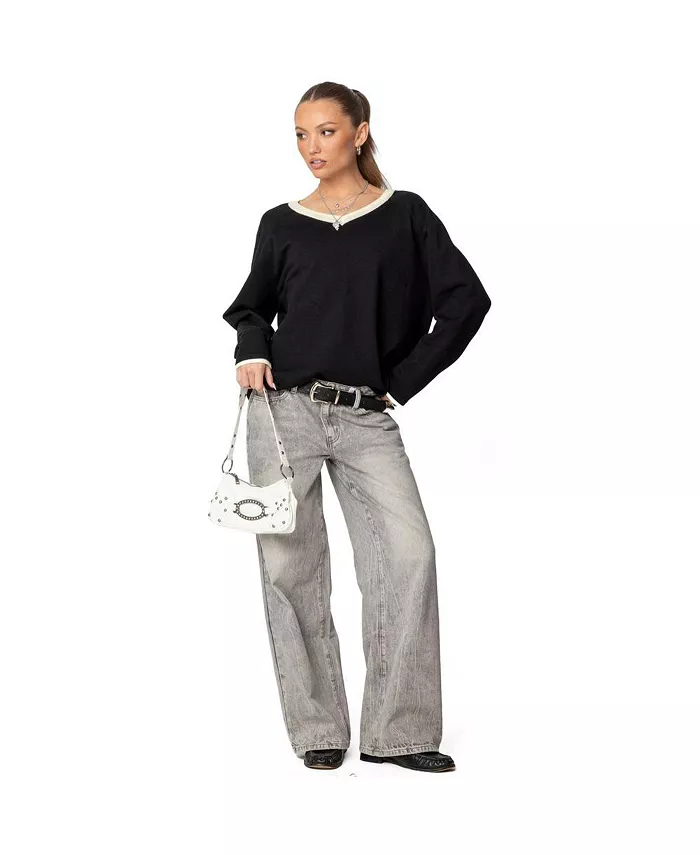 Women's Contrast V Neck Knit Sweater - thumbnail 3